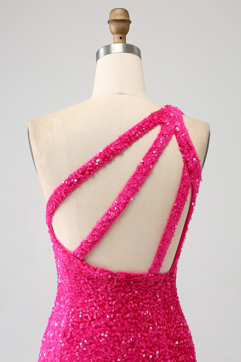 Load image into Gallery viewer, Sparkly Mermaid One Shoulder Fuchsia paljetter Long Prom Kjole med Slit