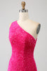 Load image into Gallery viewer, Sparkly Mermaid One Shoulder Fuchsia paljetter Long Prom Kjole med Slit