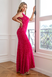 Fuchsia Paljett Lang Prom Kjole Med Slit