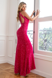 Fuchsia Paljett Lang Prom Kjole Med Slit