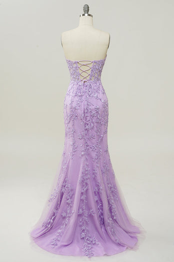Sweetheart Neck Havfrue Long Purple Prom kjole med Appliques