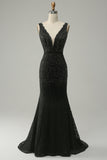 Havfrue Deep V Neck Black Lace Long Prom Kjole med Beading