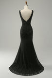 Havfrue Deep V Neck Black Lace Long Prom Kjole med Beading