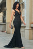 Load image into Gallery viewer, Sparkly Mermaid Deep V Neck Black Lace Long Prom Dress med perler