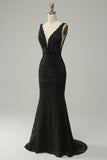 Havfrue Deep V Neck Black Lace Long Prom Kjole med Beading