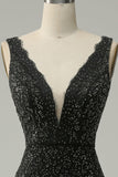 Havfrue Deep V Neck Black Lace Long Prom Kjole med Beading