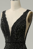 Havfrue Deep V Neck Black Lace Long Prom Kjole med Beading