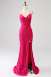 Sparkly Fuchsia Mermaid Spaghetti stropper V-hals paljett lang ballkjole med splitt