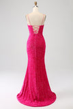 Sparkly Fuchsia Mermaid Spaghetti stropper V-hals paljett lang ballkjole med splitt