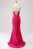 Load image into Gallery viewer, Fuchsia havfrue spaghetti stropper V-hals paljett prom kjole med splitt