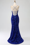 Sparkly Fuchsia Mermaid Spaghetti stropper V-hals paljett lang ballkjole med splitt