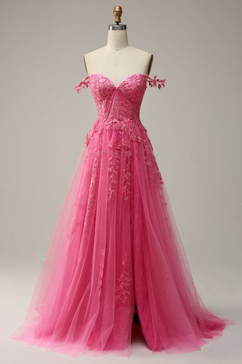En linje av skulderen Hot Pink Long Prom kjole med Appliques