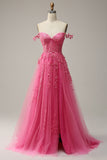 En linje av skulderen Hot Pink Long Prom kjole med Appliques