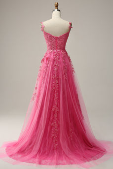 En linje av skulderen Hot Pink Long Prom kjole med Appliques