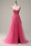 En linje av skulderen Hot Pink Long Prom kjole med Appliques