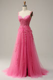 En linje av skulderen Hot Pink Long Prom kjole med Appliques