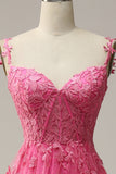 En linje av skulderen Hot Pink Long Prom kjole med Appliques