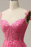 En linje av skulderen Hot Pink Long Prom kjole med Appliques