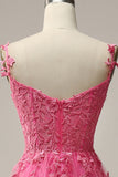 En linje av skulderen Hot Pink Long Prom kjole med Appliques