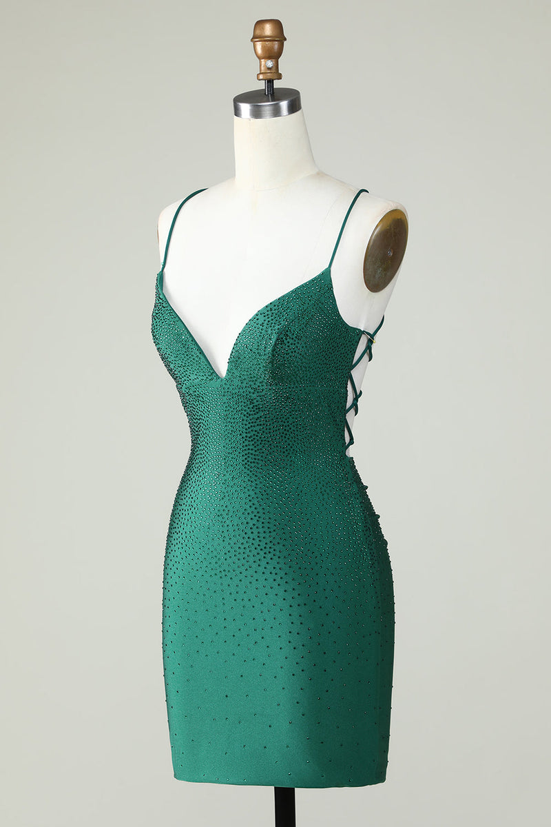 Load image into Gallery viewer, Slire Spaghetti stropper Mørkegrønn Kort Homecoming kjole med perler