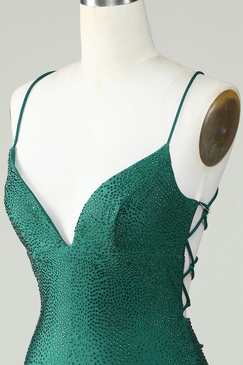 Load image into Gallery viewer, Slire Spaghetti stropper Mørkegrønn Kort Homecoming kjole med perler