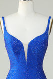 Bodycon Deep V Neck Royal Blue Kort Homecoming kjole med perler