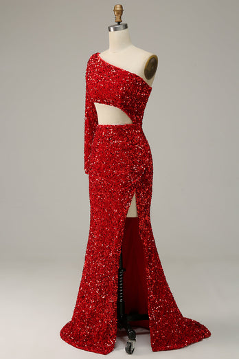 Havfrue En skulder røde paljetter Cut Out Prom kjole med Split Front