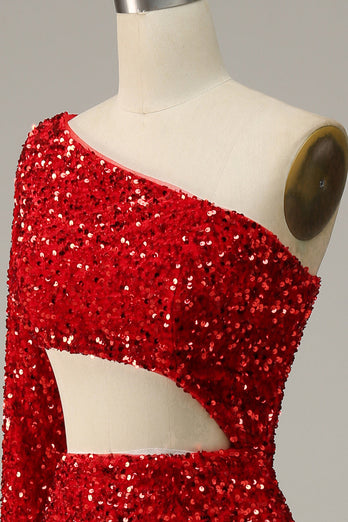 Havfrue En skulder røde paljetter Cut Out Prom kjole med Split Front