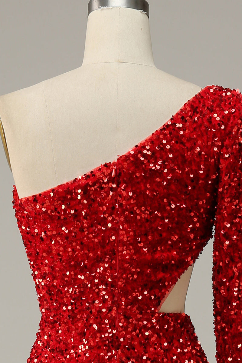 Load image into Gallery viewer, Havfrue En skulder røde paljetter Cut Out Prom kjole med Split Front