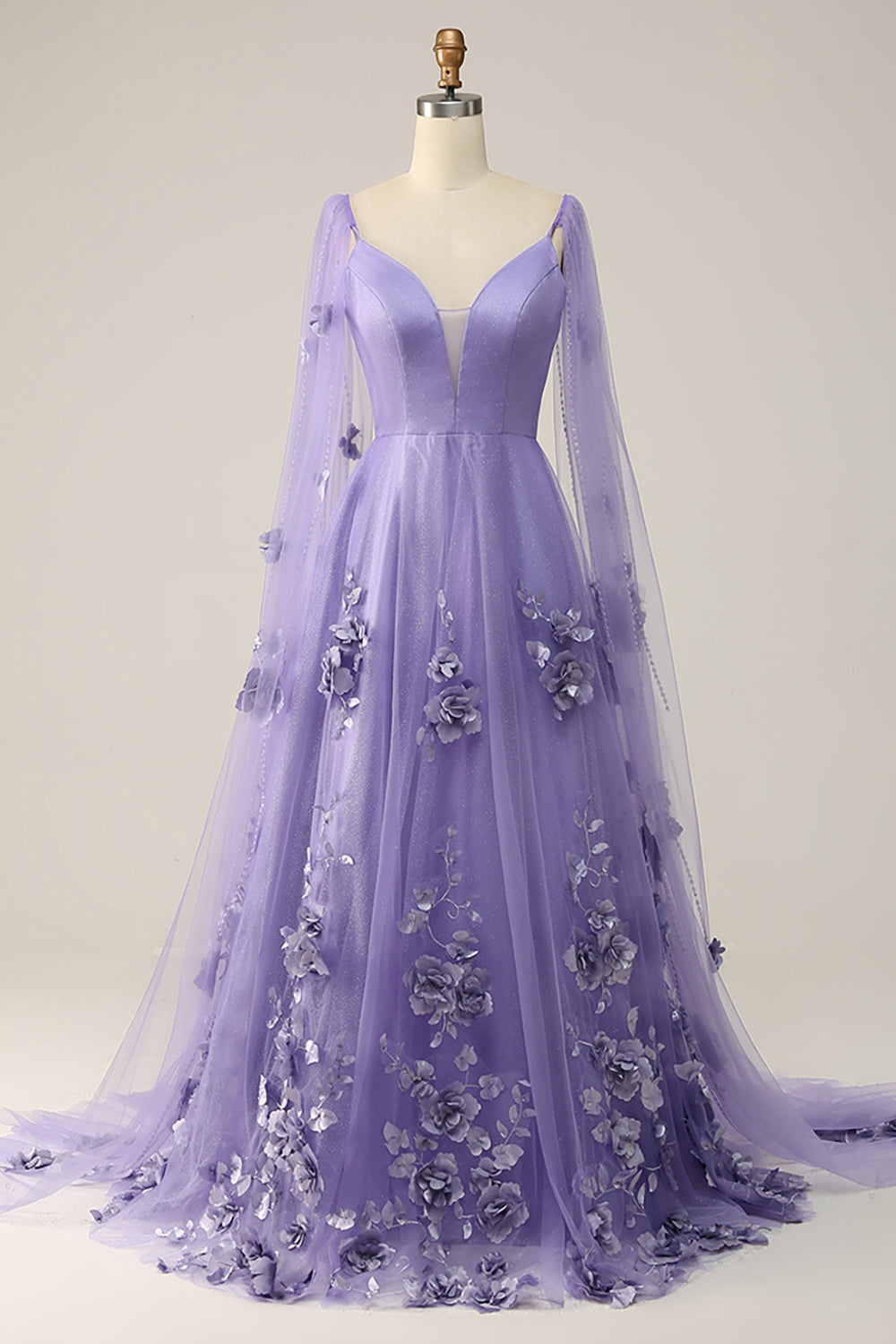 Lilla Watteau Train Prom kjole med 3D blomster