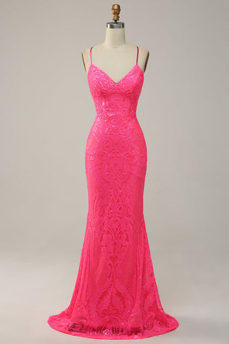 Havfrue Spaghetti stropper Sequined Hot Pink Long Prom Dress