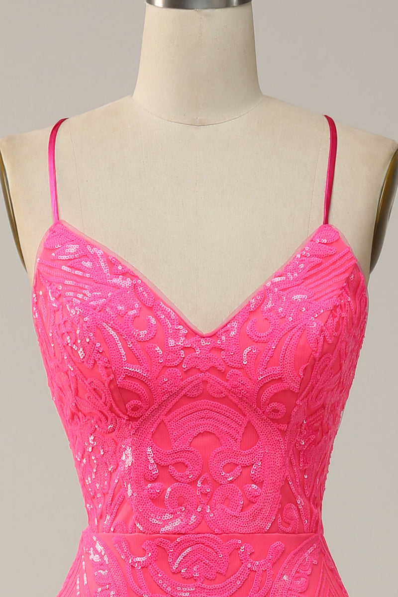 Load image into Gallery viewer, Havfrue Spaghetti stropper Sequined Hot Pink Long Prom Dress
