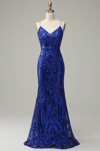 Havfrue Spaghetti stropper Royal Blue paljetter Long Prom kjole med Criss Cross Back