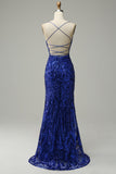 Havfrue Spaghetti stropper Royal Blue paljetter Long Prom kjole med Criss Cross Back