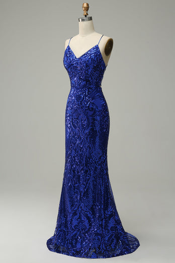 Havfrue Spaghetti stropper Royal Blue paljetter Long Prom kjole med Criss Cross Back