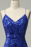 Havfrue Spaghetti stropper Royal Blue paljetter Long Prom kjole med Criss Cross Back