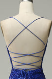 Havfrue Spaghetti stropper Royal Blue paljetter Long Prom kjole med Criss Cross Back