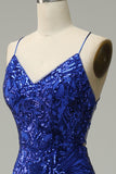 Havfrue Spaghetti stropper Royal Blue paljetter Long Prom kjole med Criss Cross Back