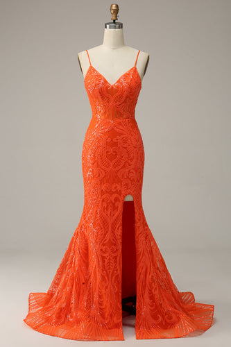 Havfrue Spaghetti stropper Orange Long Prom kjole med Split Front