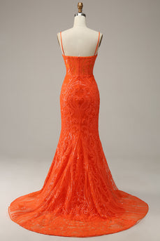 Havfrue Spaghetti stropper Orange Long Prom kjole med Split Front