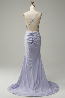 Mermaid Spaghetti stropper Lilac Long Prom Kjole med ryggløs