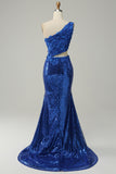 Havfrue En skulder Royal Blue paljetter Cut Out Prom kjole med Split Front