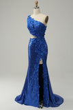 Havfrue En skulder Royal Blue paljetter Cut Out Prom kjole med Split Front