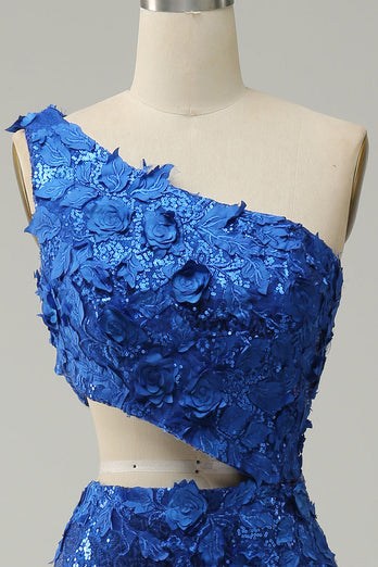 Havfrue En skulder Royal Blue paljetter Cut Out Prom kjole med Split Front