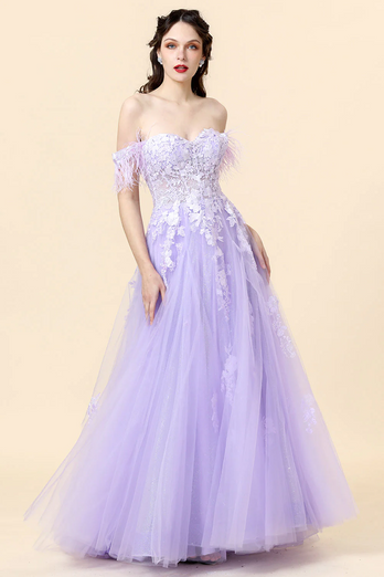 A Line Spaghetti stropper Long Purple Prom kjole med Appliques