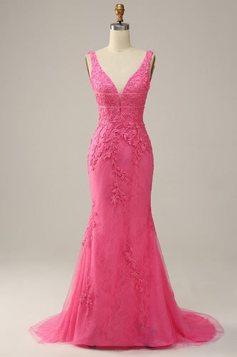 Havfrue Deep V Neck Hot Pink Long Prom kjole med åpen rygg