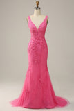 Havfrue Deep V Neck Hot Pink Long Prom kjole med åpen rygg