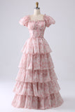 Blush A Line Square Neck Tiered Prom Dress med Ruffles