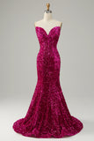 Fuchsia Sweetheart Neck paljett havfrue Prom kjole med feie tog