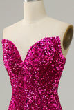 Fuchsia Sweetheart Neck paljett havfrue Prom kjole med feie tog